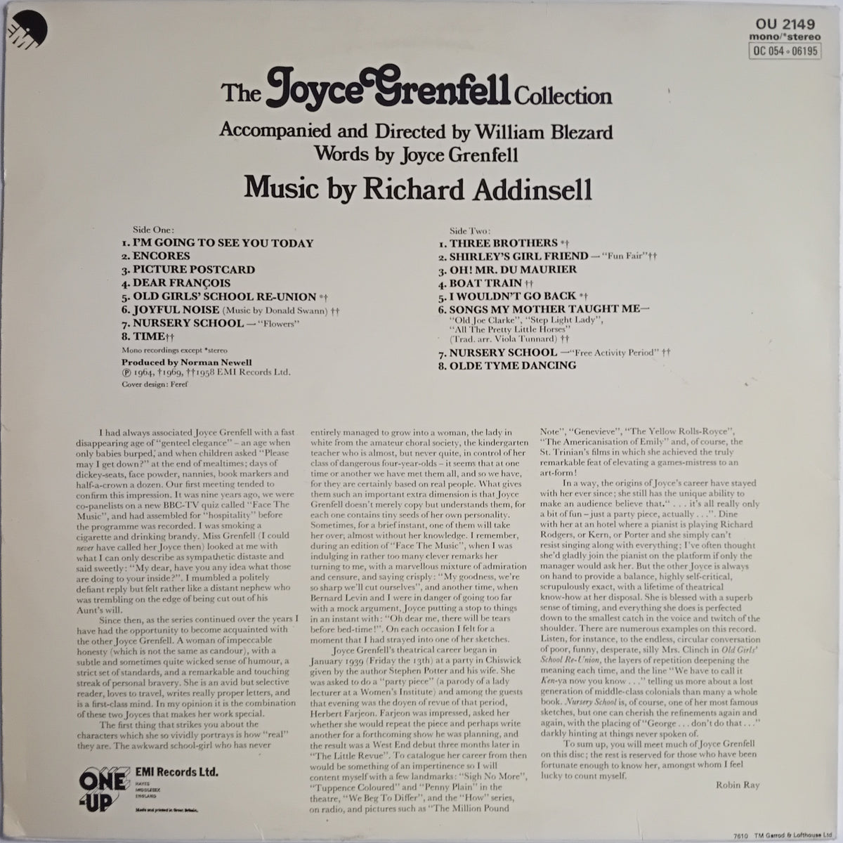 The back cover of the vinyl record for 'The Joyce Brentfell Collection' by Joyce Grenfell, featuring track listings, credits, and a small black-and-white photo in the top left corner.