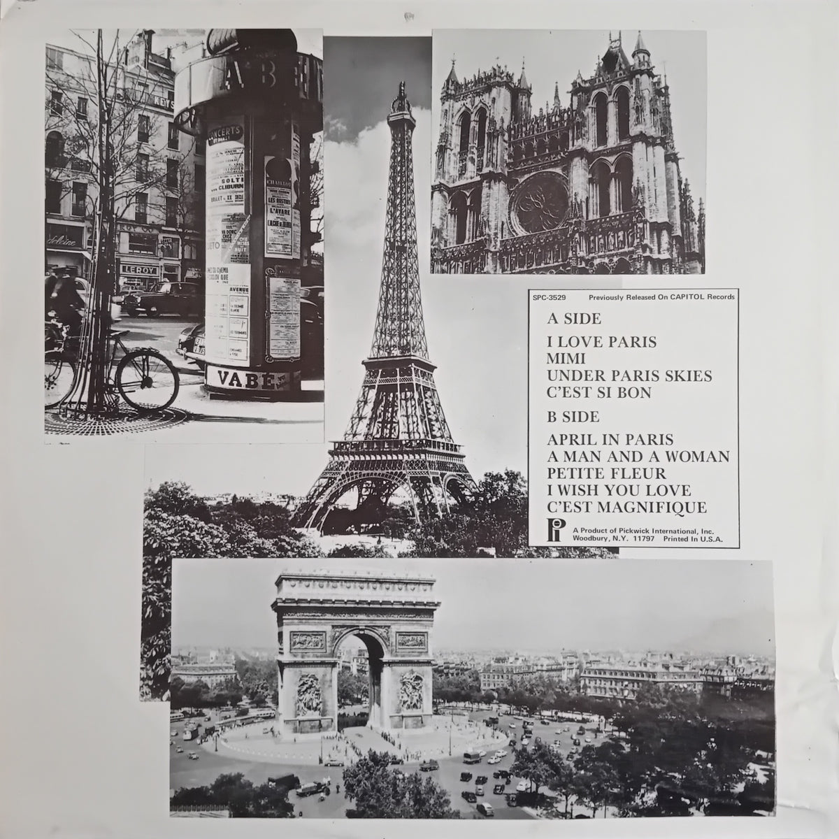 Vinyl record cover for 'Francais' featuring black and white photographs of Paris landmarks including the Eiffel Tower, Notre Dame Cathedral, and the Arc de Triomphe, with a tracklist on the right.