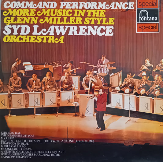Album cover for 'Command Performance: More Music in the Glenn Miller Style' by Syd Lawrence Orchestra, featuring a live orchestral performance on stage with drums, brass instruments, and a conductor. The cover has a warm orange-brown gradient background with bold yellow and white text and a Fontana Special logo in the top right.