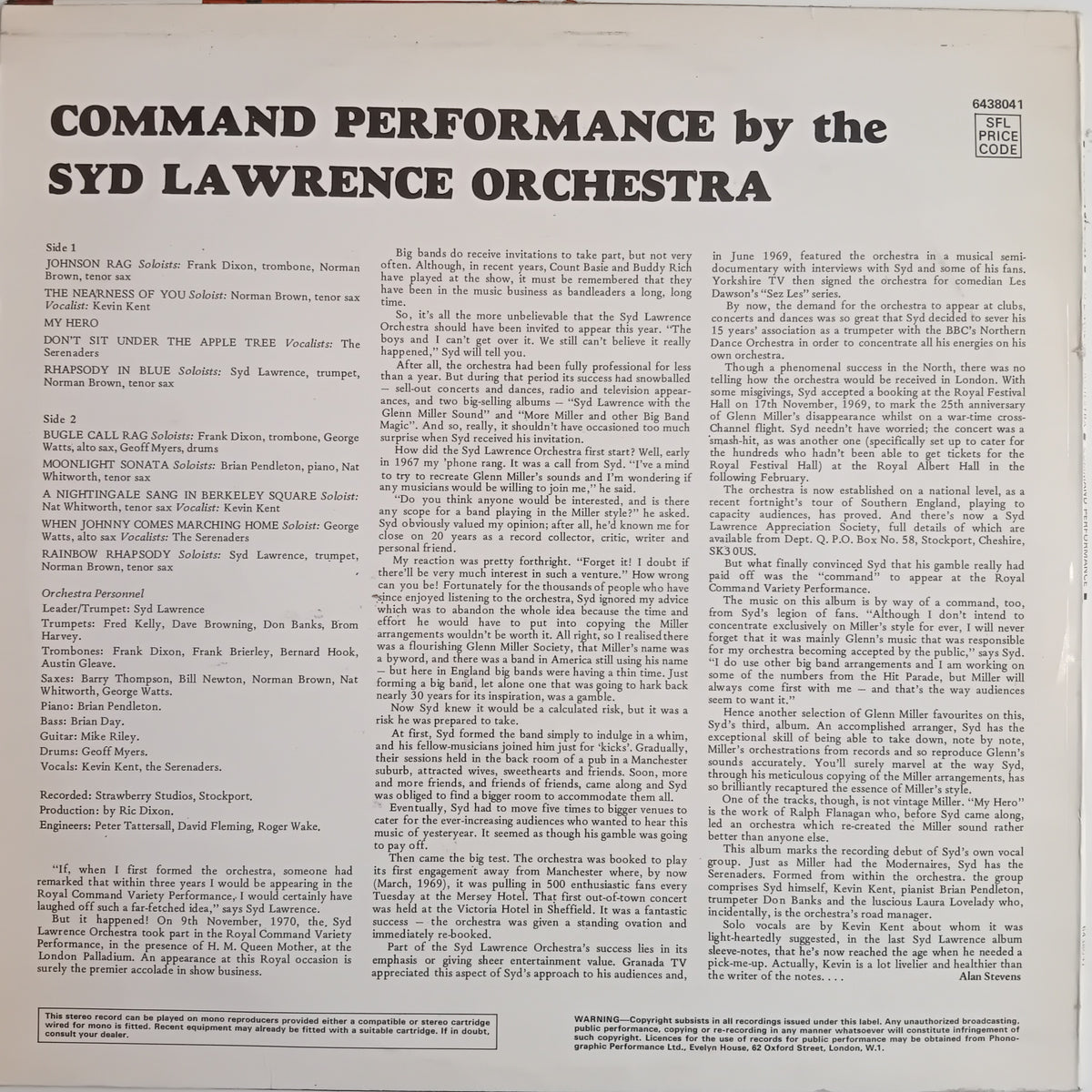 A vintage printed LP cover for the Syd Lawrence Orchestra, with the title 'COMMAND PERFORMANCE by the Syd Lawrence Orchestra' in large black text at the top and multiple columns of small printed text below on a light gray background.