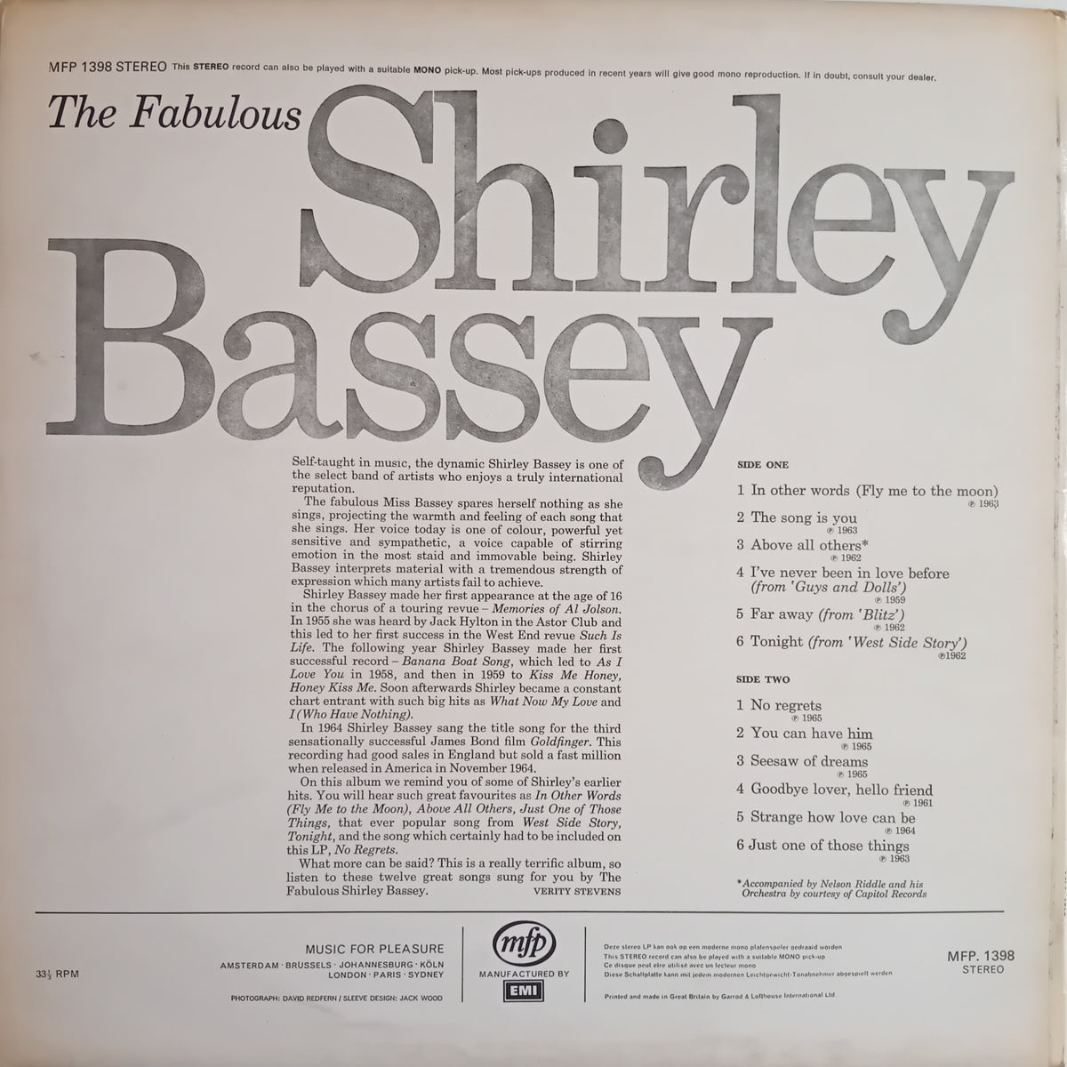 The back cover of a vinyl record sleeve for Shirley Bassey's album 'The Fabulous', showing track listings, credits, and the MFP logo on a light beige background.