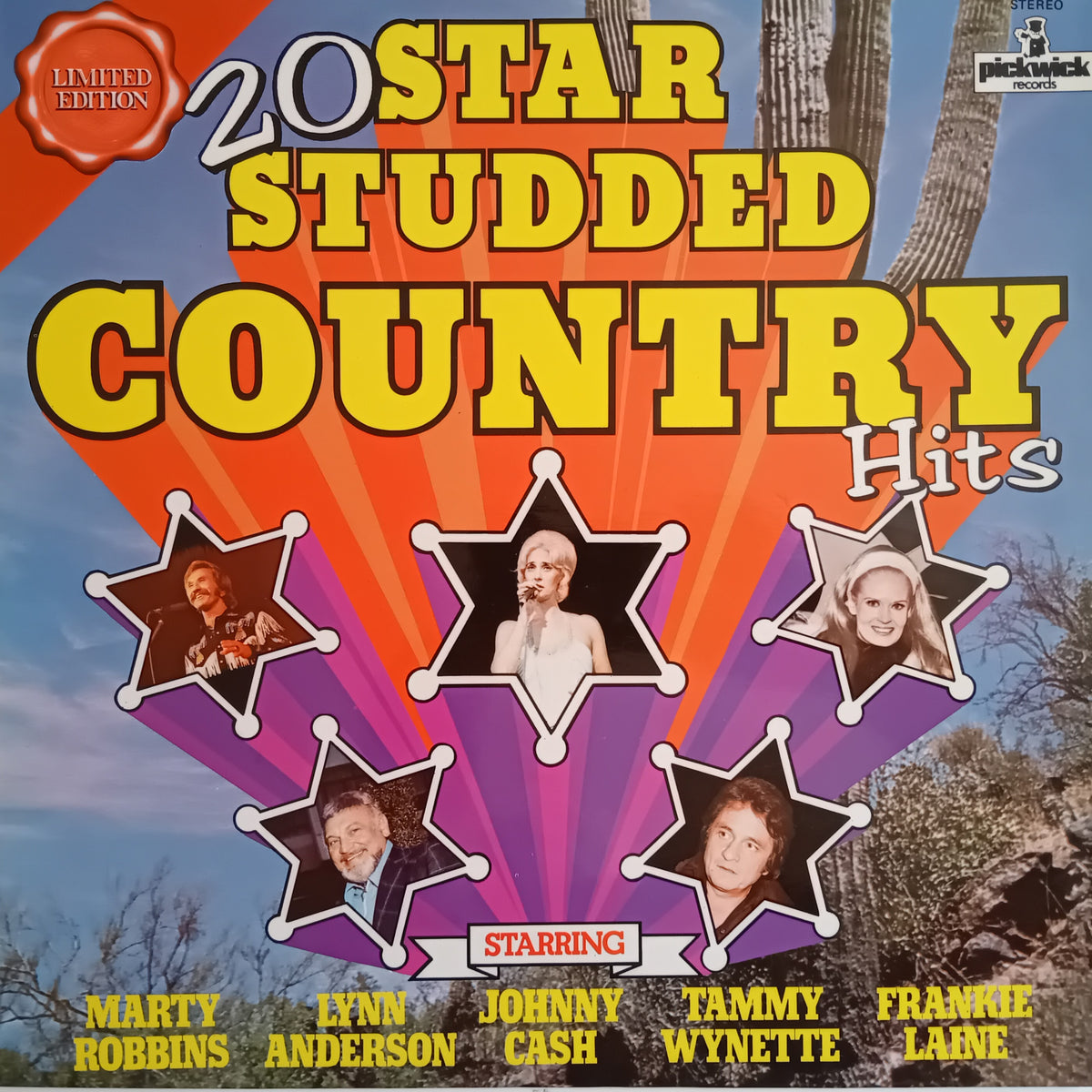 20 Star Studded Country Hits vinyl album cover, featuring a retro 1960s/70s design with yellow title text, purple and orange starburst rays, five star-shaped portraits of country stars, and a Pickwick Records logo in the top right.