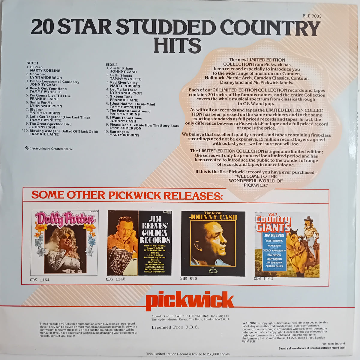 The back cover of the Pickwick '20 Star Studded Country Hits' LP, featuring track listings, a description of the limited edition contents, and promotional photos for other Pickwick releases including 'Dolly Parton', 'Jim Reeves', 'Johnny Cash', and 'Country Giants'.