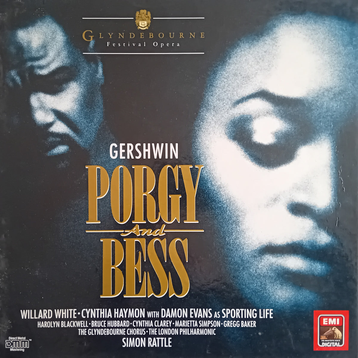 Glyndebourne Festival Opera LP box cover for Gershwin's 'Porgy and Bess', featuring a dramatic black-and-white portrait of a woman on the right and a shadowed portrait on the left, with large gold title text. Visible brands include Glyndebourne Festival Opera and EMI Records.