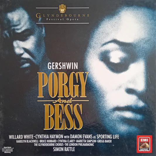 Glyndebourne Festival Opera LP box cover for Gershwin's 'Porgy and Bess', featuring a dramatic black-and-white portrait of a woman on the right and a shadowed portrait on the left, with large gold title text. Visible brands include Glyndebourne Festival Opera and EMI Records.