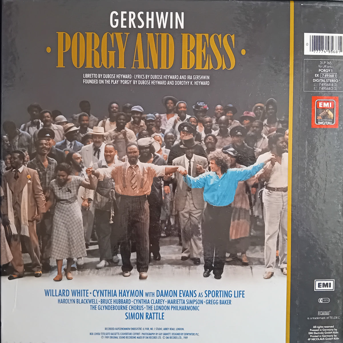 Vinyl record album cover for Gershwin's 'Porgy and Bess' with a large group photo of performers on the front and a spine panel showing EMI and Fantasy logos.