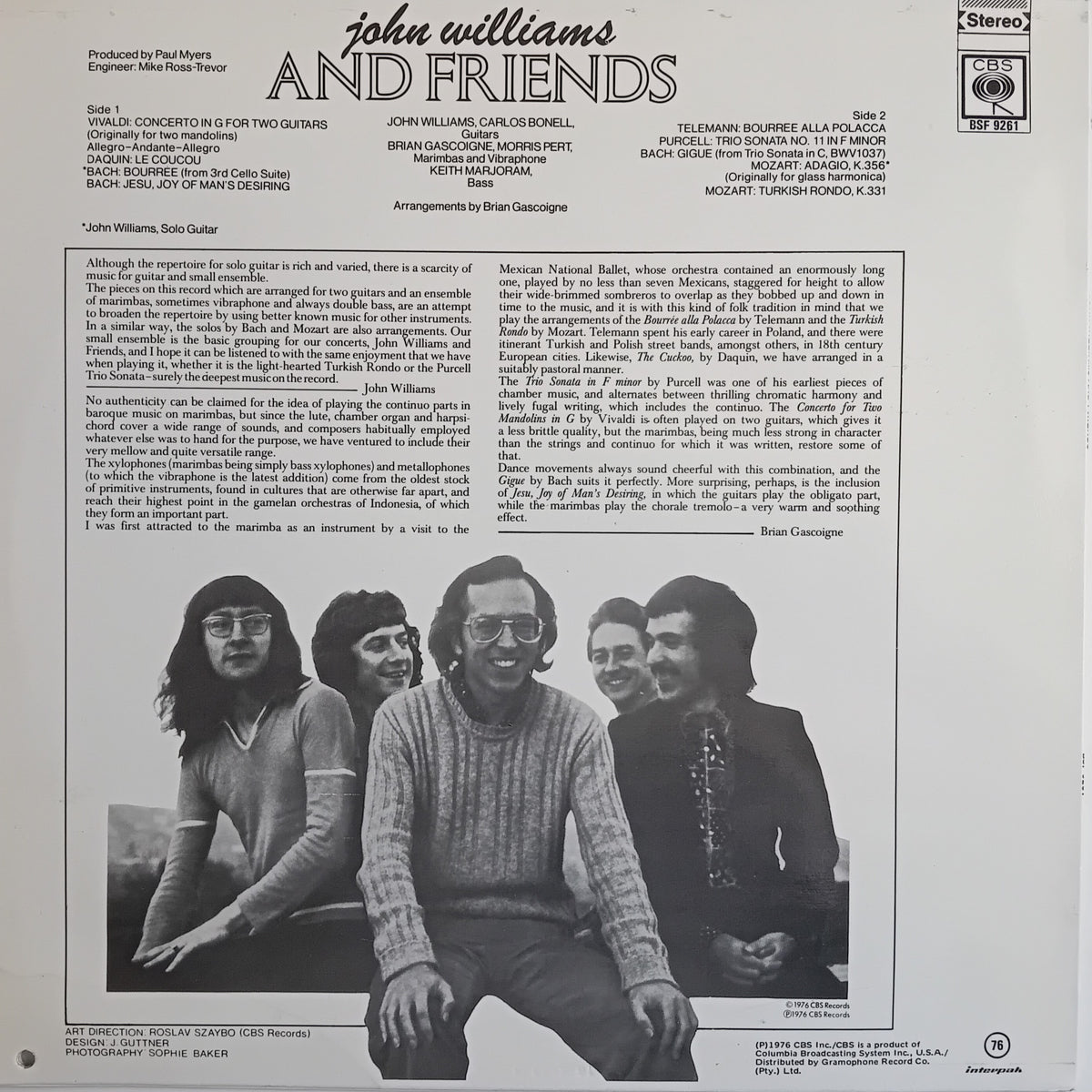 The back cover of a vinyl record sleeve for 'John Williams and Friends' on CBS/Sony Records, featuring a black-and-white portrait of a group of musicians and extensive tracklist and liner note text on an off-white background.