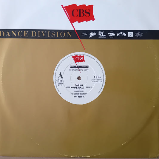 A vinyl record sleeve for CBS Records' 'Tashan - Keep Movin' On (12" Remix)' featuring a gold-coloured background, a white centre label, and a red CBS flag graphic at the top.