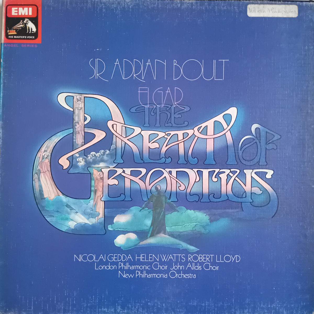The album cover of 'The Dream of Gerontius' by Sir Adrian Boult, featuring a textured blue background with stylized white and light blue lettering and an illustration of a figure standing in a landscape. The EMI Records logo is visible in the top-left corner.