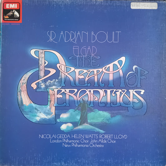 The album cover of 'The Dream of Gerontius' by Sir Adrian Boult, featuring a textured blue background with stylized white and light blue lettering and an illustration of a figure standing in a landscape. The EMI Records logo is visible in the top-left corner.