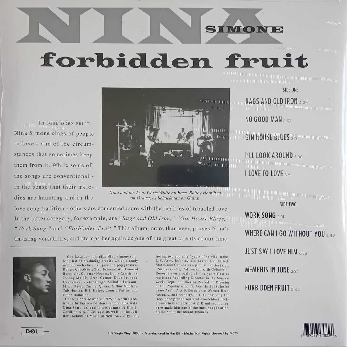 The back cover of a vinyl record for Nina Simone's album 'Forbidden Fruit', showing track listings, liner notes, and a central black-and-white photograph of Nina Simone performing live.