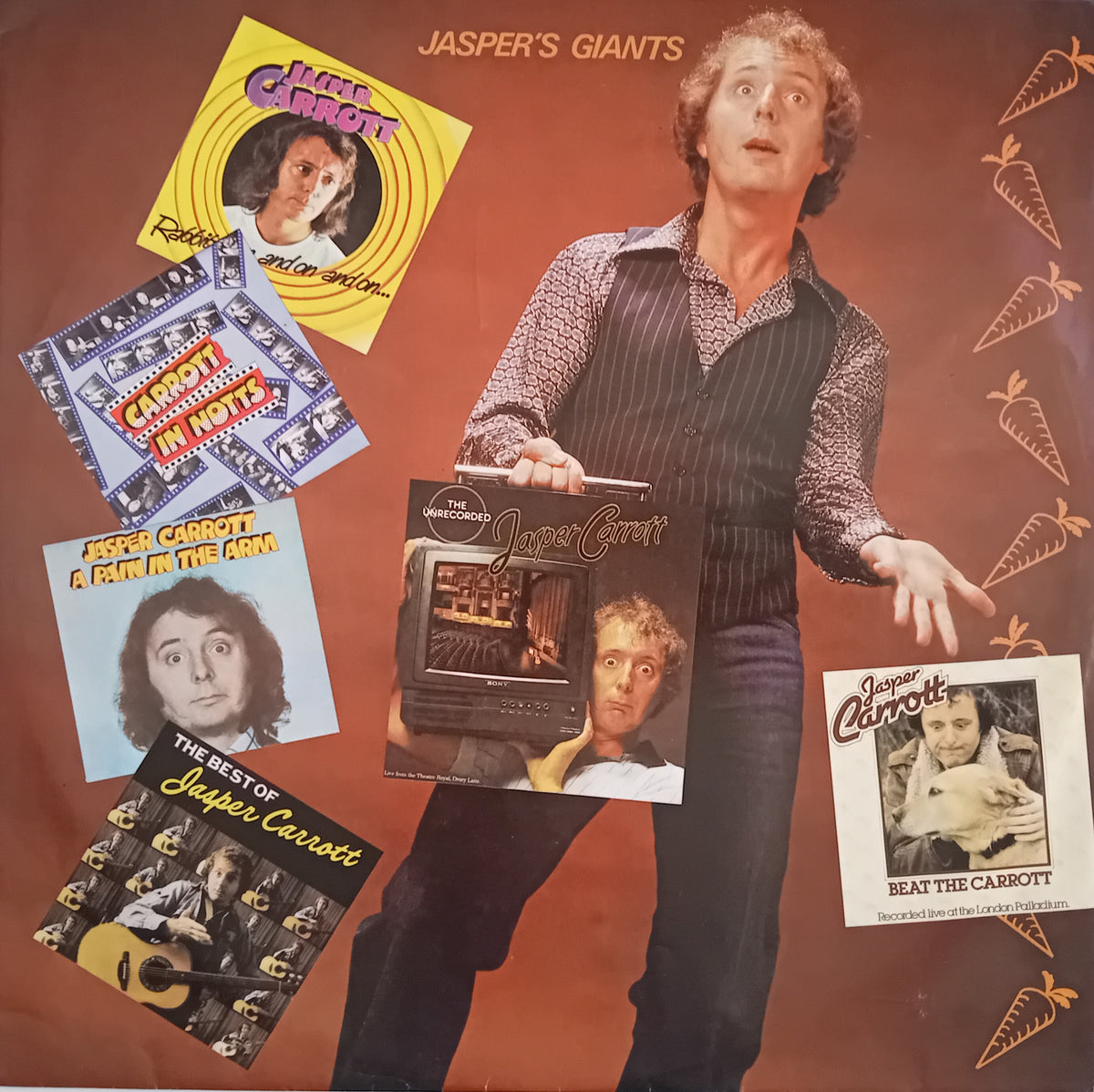 Jasper Carrot's vinyl record inner sleeve, featuring a photo of the artist holding a mini TV and surrounded by six smaller album covers on a reddish-brown background.