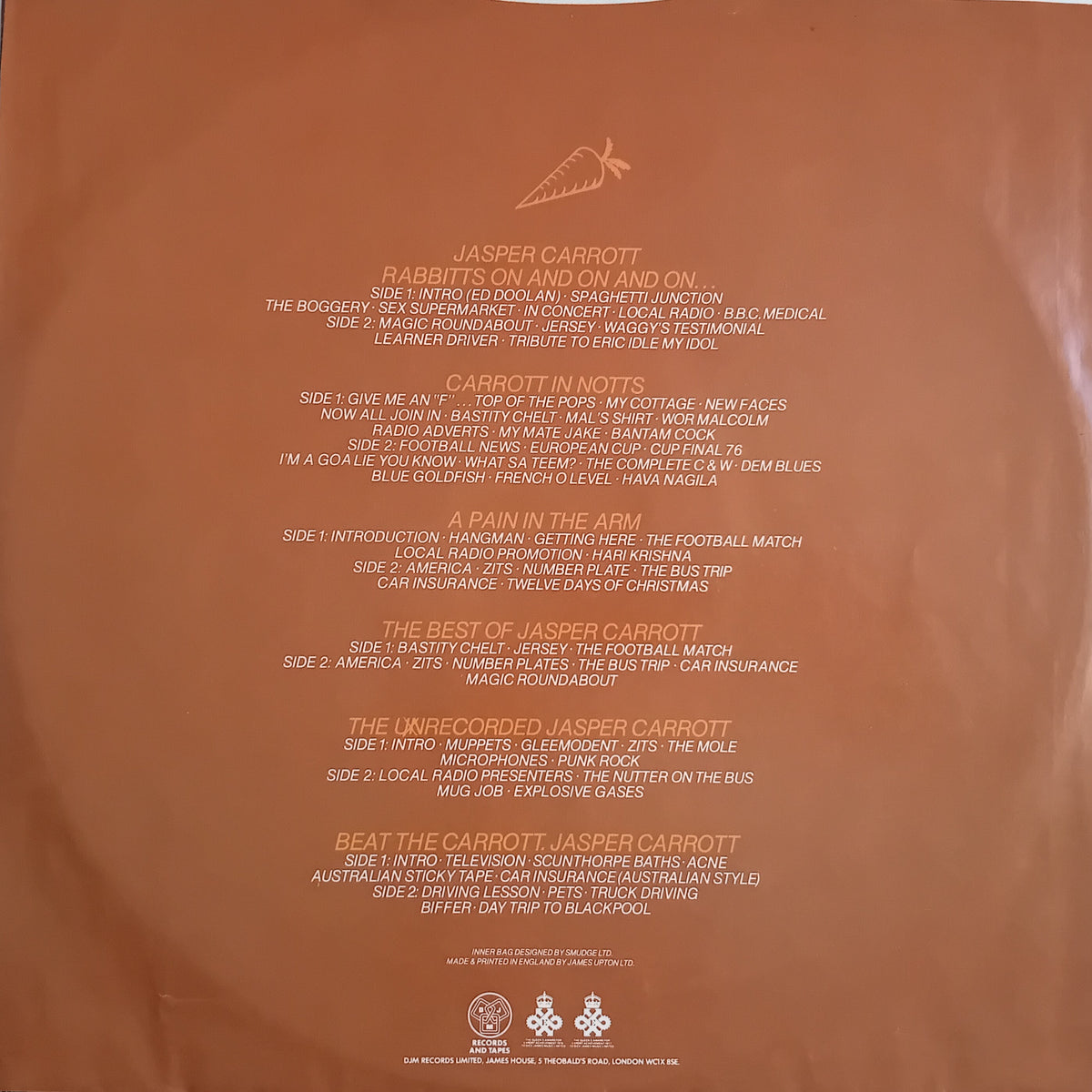 The back of a vinyl inner sleeve for Jasper Carrott's album 'Best Of', printed on a warm brown background with white text and a small white logo at the top.