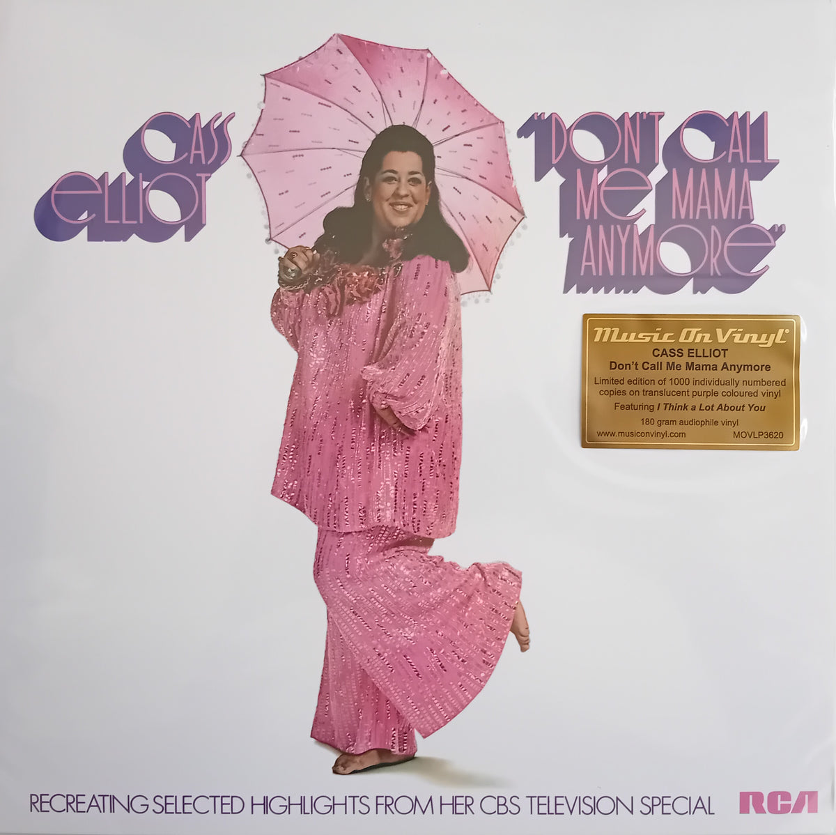 Cass Elliot 'Don't Call Me Mama Any More' vinyl record cover, featuring a pink sequined outfit and umbrella on a white background with a Music On Vinyl sticker.