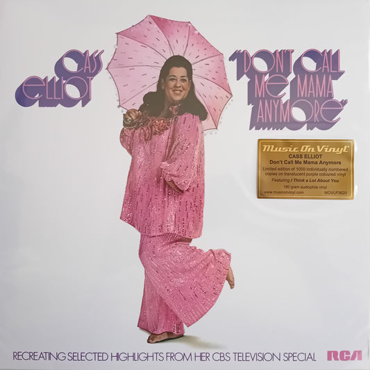 Cass Elliot 'Don't Call Me Mama Any More' vinyl record cover, featuring a pink sequined outfit and umbrella on a white background with a Music On Vinyl sticker.