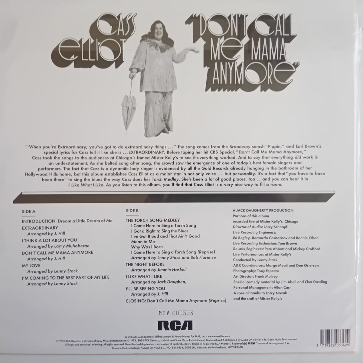 The back cover of the album 'Don't Call Me Mama Anymore' by Cass Elliot, featuring track listings, credits, and the RCA logo on a white background.