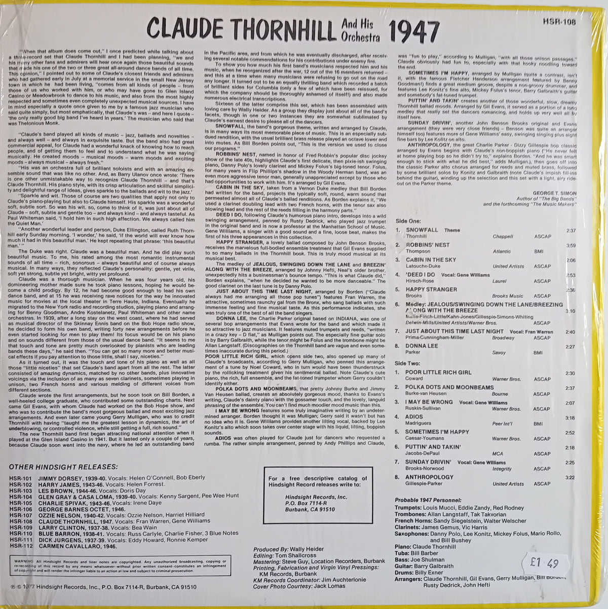 Claude Thornhill And His Orchestra ‎– The Uncollected Claude Thornhill, 1947 (Hindsight 1977) 12" vinyl LP VG/VG US