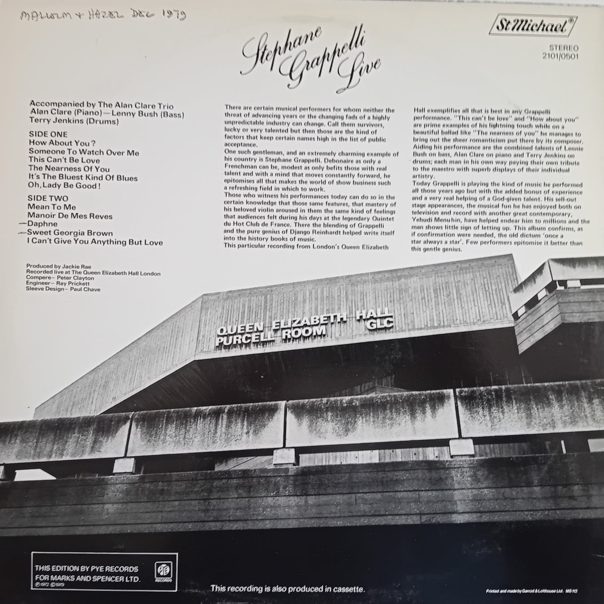 The back cover of the Stephane Grappelli 'Live' vinyl LP on St. Michael Records, showing track listings, liner notes, and a black and white photograph of Queen Elizabeth Hall in London.
