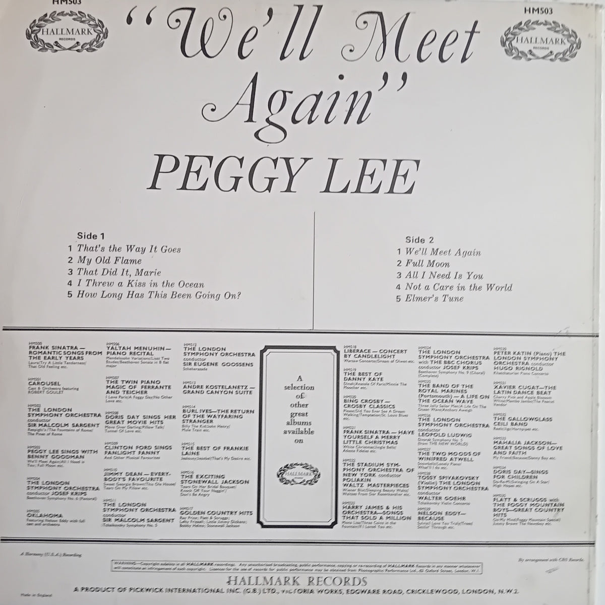 The back cover of a vinyl record for Peggy Lee's 'We'll Meet Again' on Hallmark Records, showing track listings, producer credits, and catalog information on a white background.