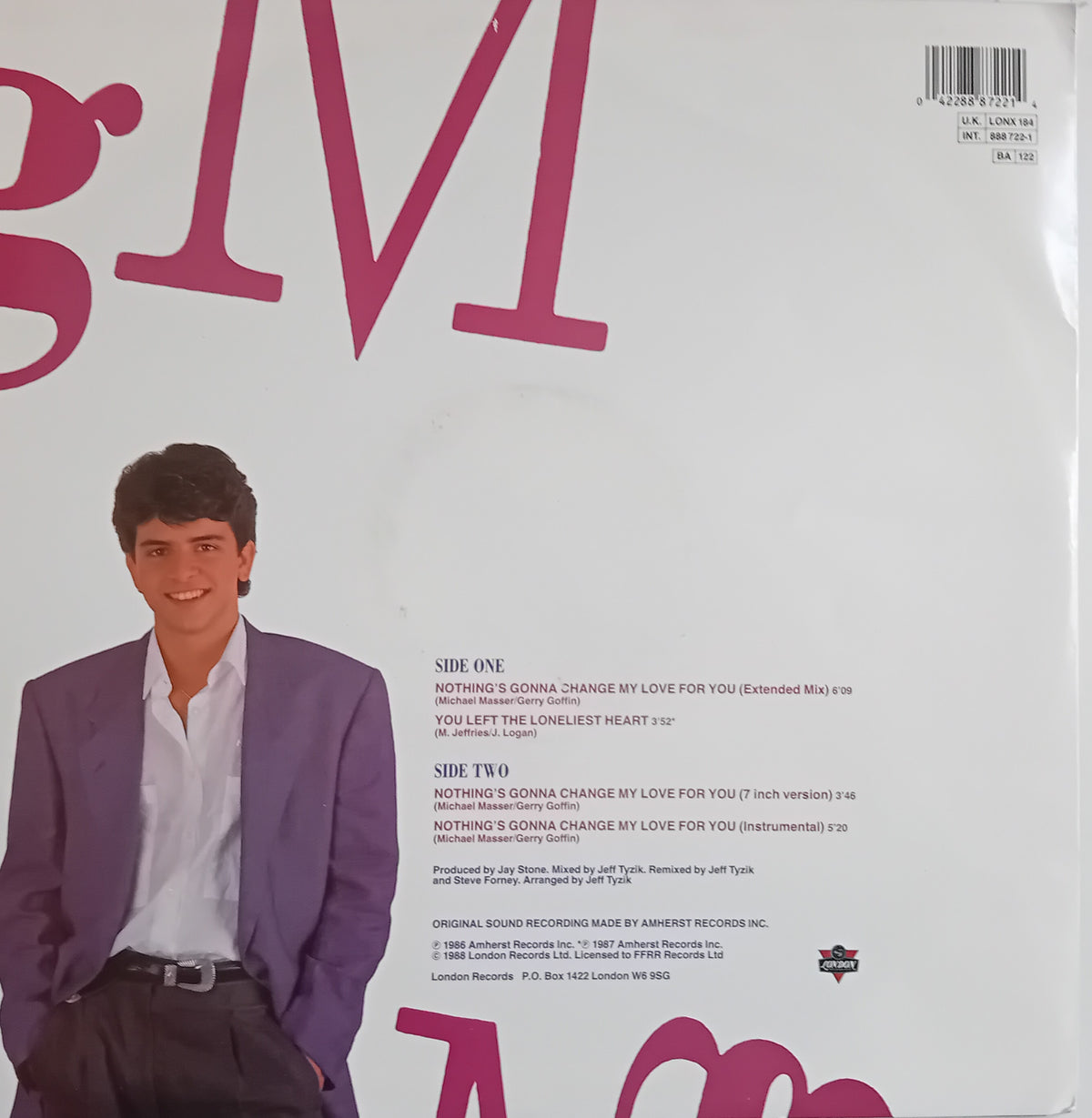 The back cover of a vinyl record for 'Nothing's Gonna Change My Love For You', showing track listings, barcode, and a printed photo of the artist in a purple suit.