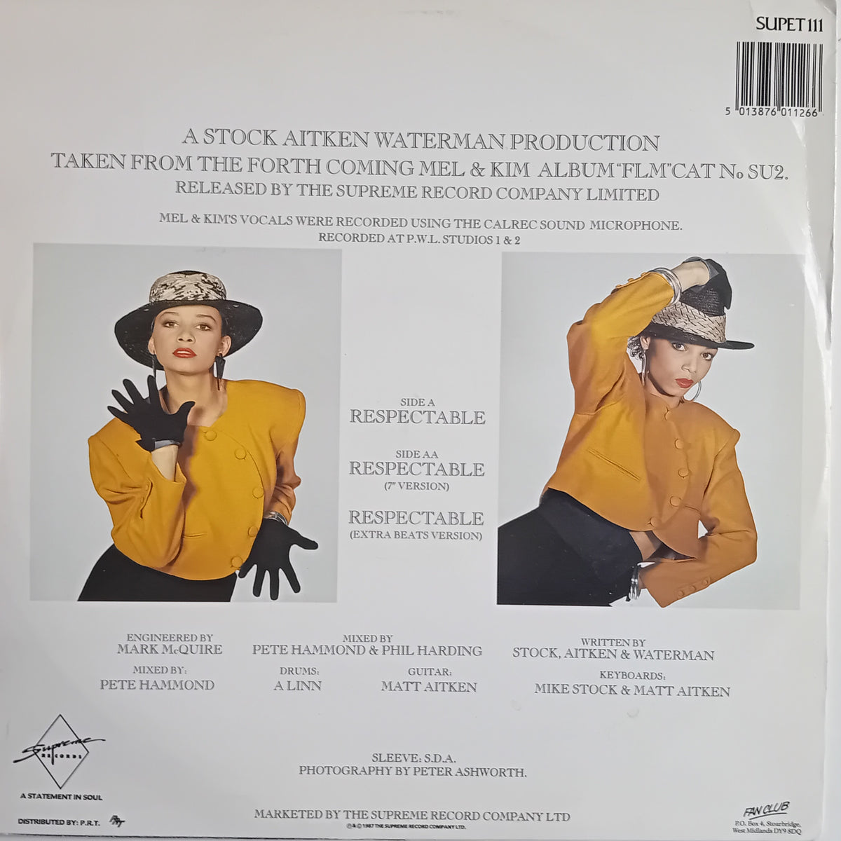 Back cover of a vinyl record sleeve for Mel & Kim's 'Respectable'.