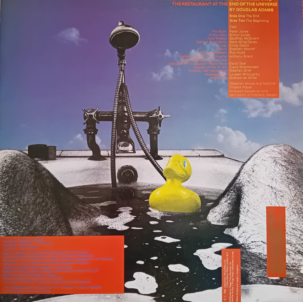 Album cover for Douglas Adams' 'The Restaurant at the End of the Universe', featuring a yellow rubber duck floating in a bathtub with a shower head above, set against a blue sky and white clouds, with orange text boxes containing track listings.