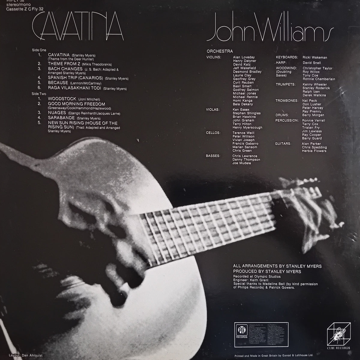 The back cover of a vinyl record for 'Cavatina' by John Williams, featuring a black and white photograph of a guitarist's hands and instrument, with track listings and credits printed on a dark background.