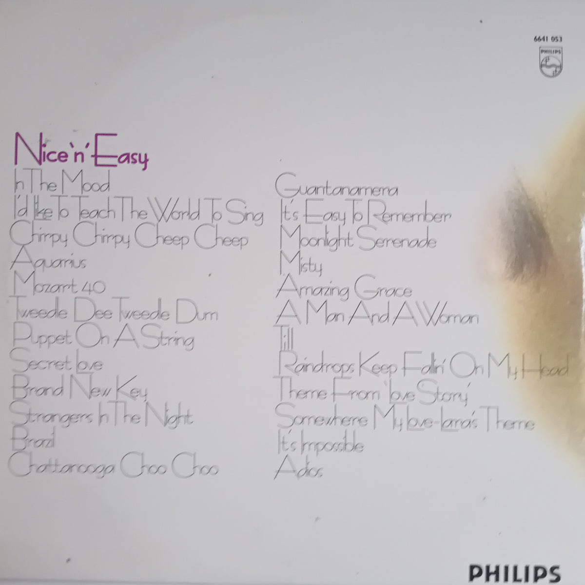 The back cover of a Philips record sleeve for the LP 'Nice 'n' Easy' by various artists. The white cover features a list of covered songs in handwritten-style black text, with 'Nice 'n' Easy' written in purple at the top left.