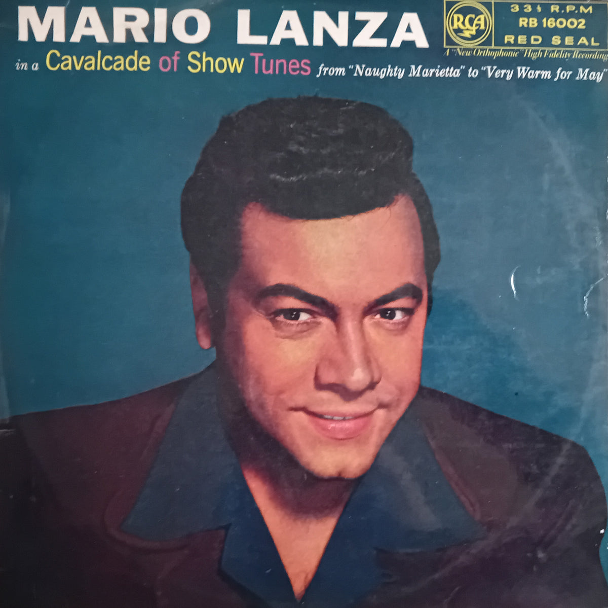 Vintage LP album cover for Mario Lanza's 'Cavalcade of Show Tunes', featuring a portrait of the singer against a teal-blue background with RCA branding.