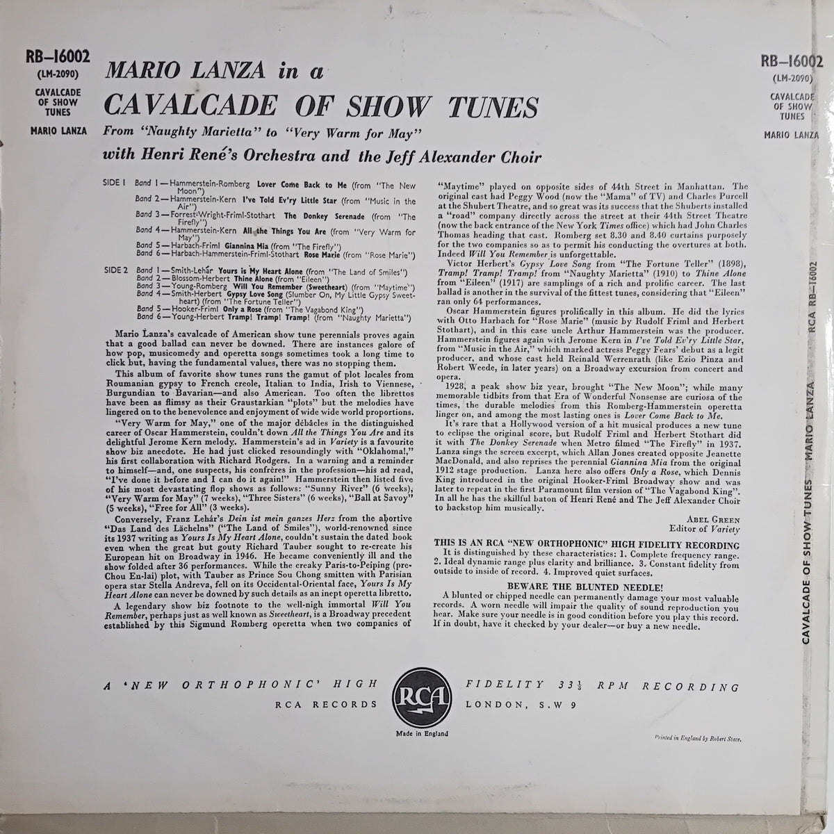 The back cover of a vintage RCA Records album titled 'Mario Lanza in a Cavalcade of Show Tunes', featuring dense black text on an off-white paper background with the RCA logo at the bottom.