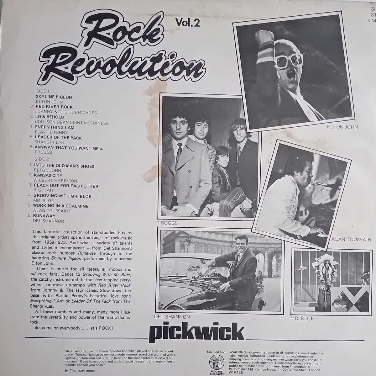 The back cover of a vinyl record album titled 'Rock Revolution Vol. 2' by Pickwick Records, featuring track listings, artist photos, and album artwork on a light gray background.