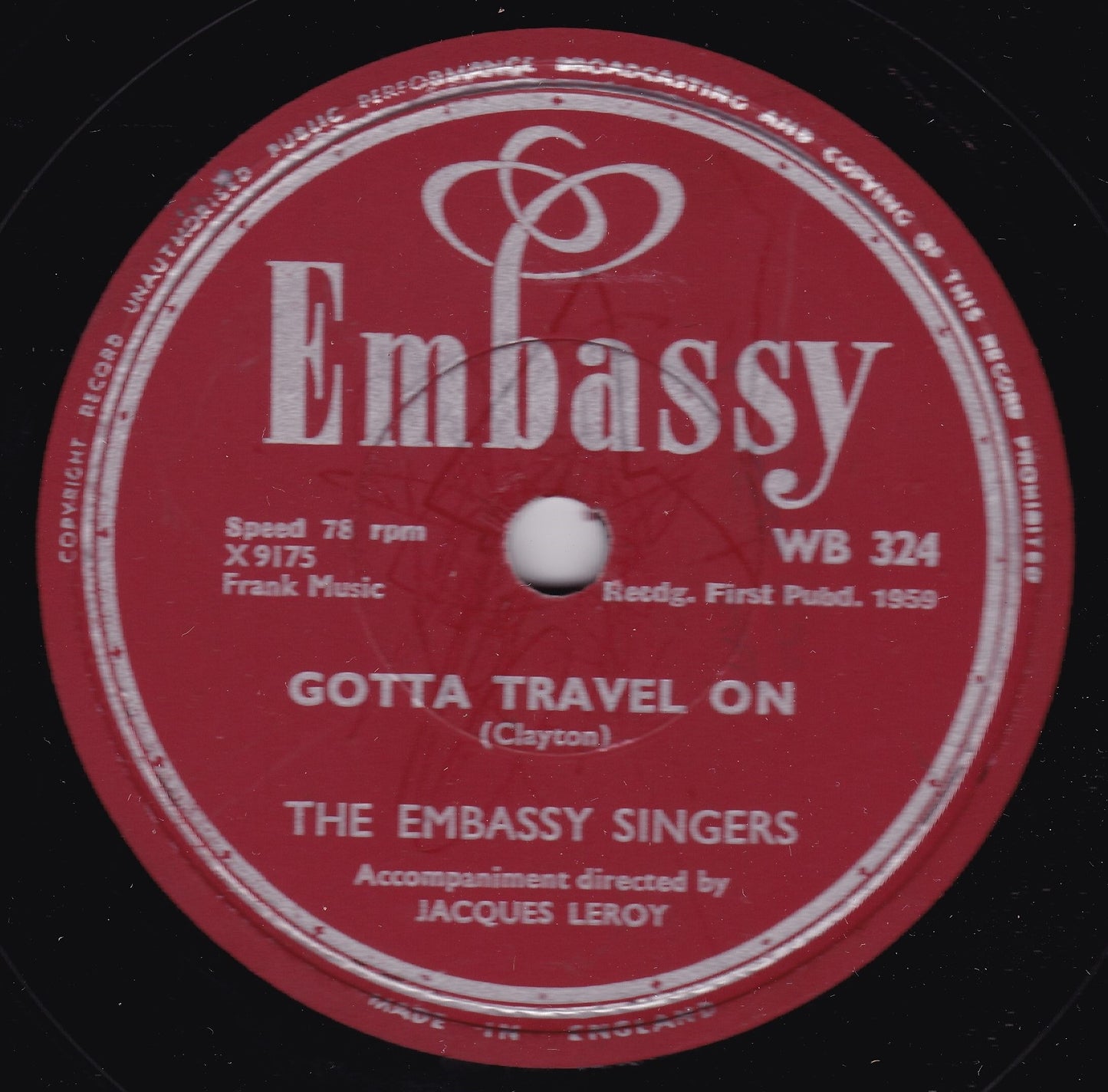 The Embassy Singers – The Little Drummer Boy / Gotta Travel On 10" shellac VG/-