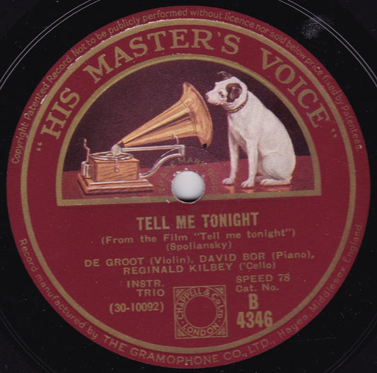 De Groot, David Bor And Reginald Kilbey - Tell Me Tonight (HMV 1933) VG/G