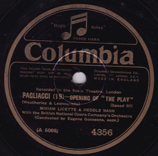 British National Opera Company Orchestra - Pagliacci (19)(1927) 10" shellac VG/-