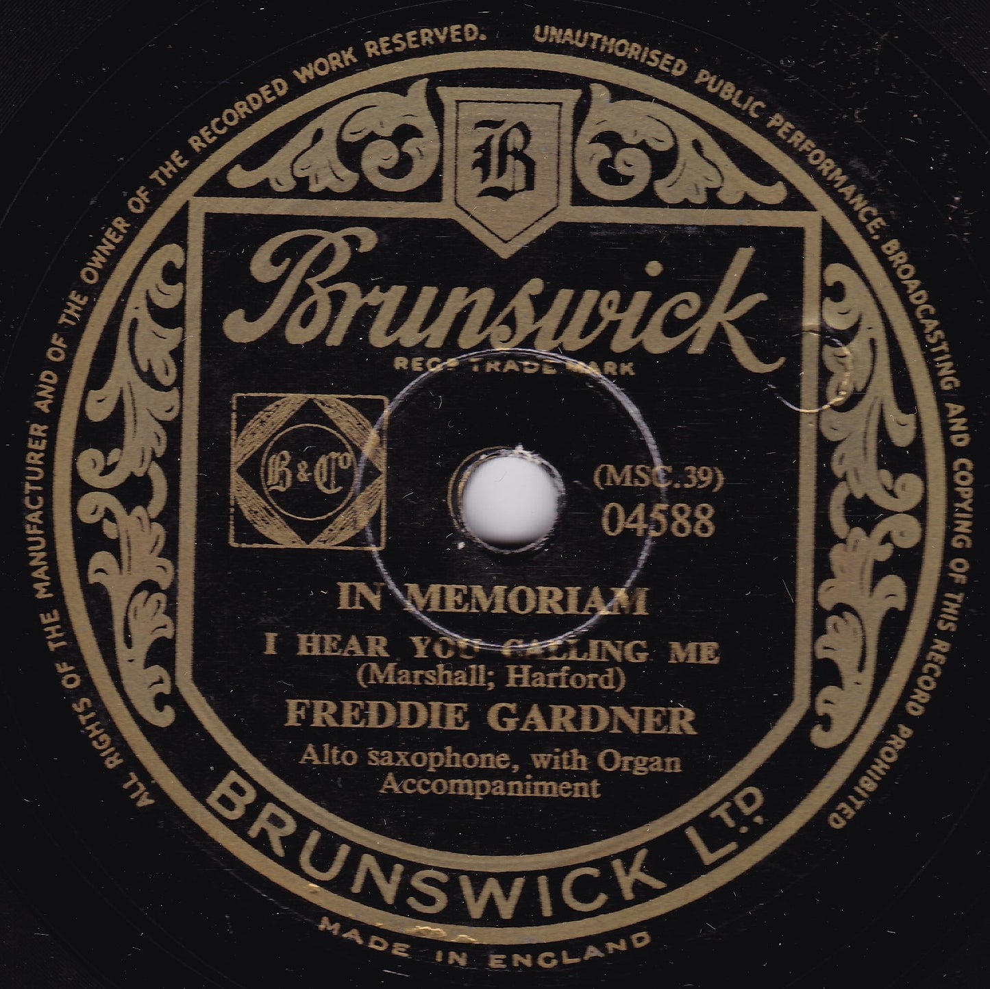 Freddie Gardner ‎– I Hear You Calling Me (Brunswick) 10" shellac VG/G+