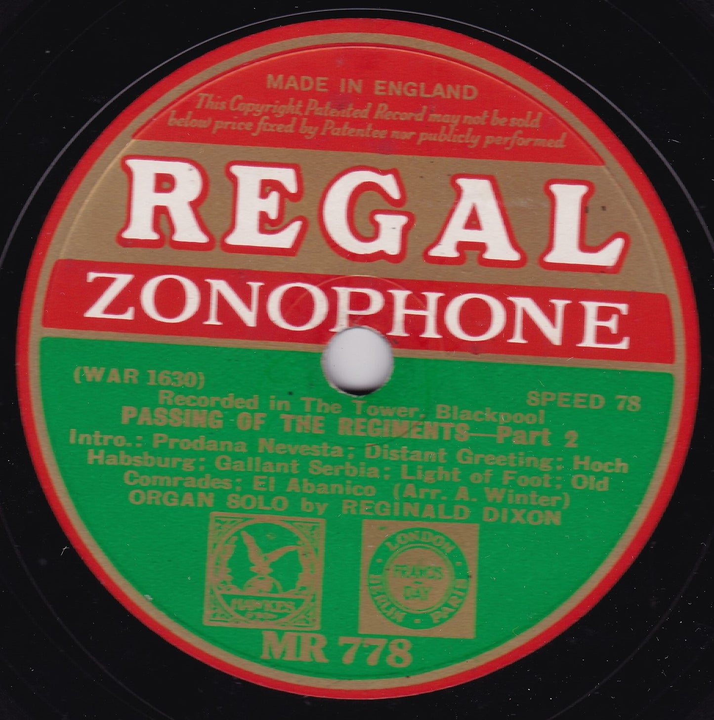 Reginald Dixon - Passing Of The Regiments (Regal Zonophone) 10" shellac VG/-