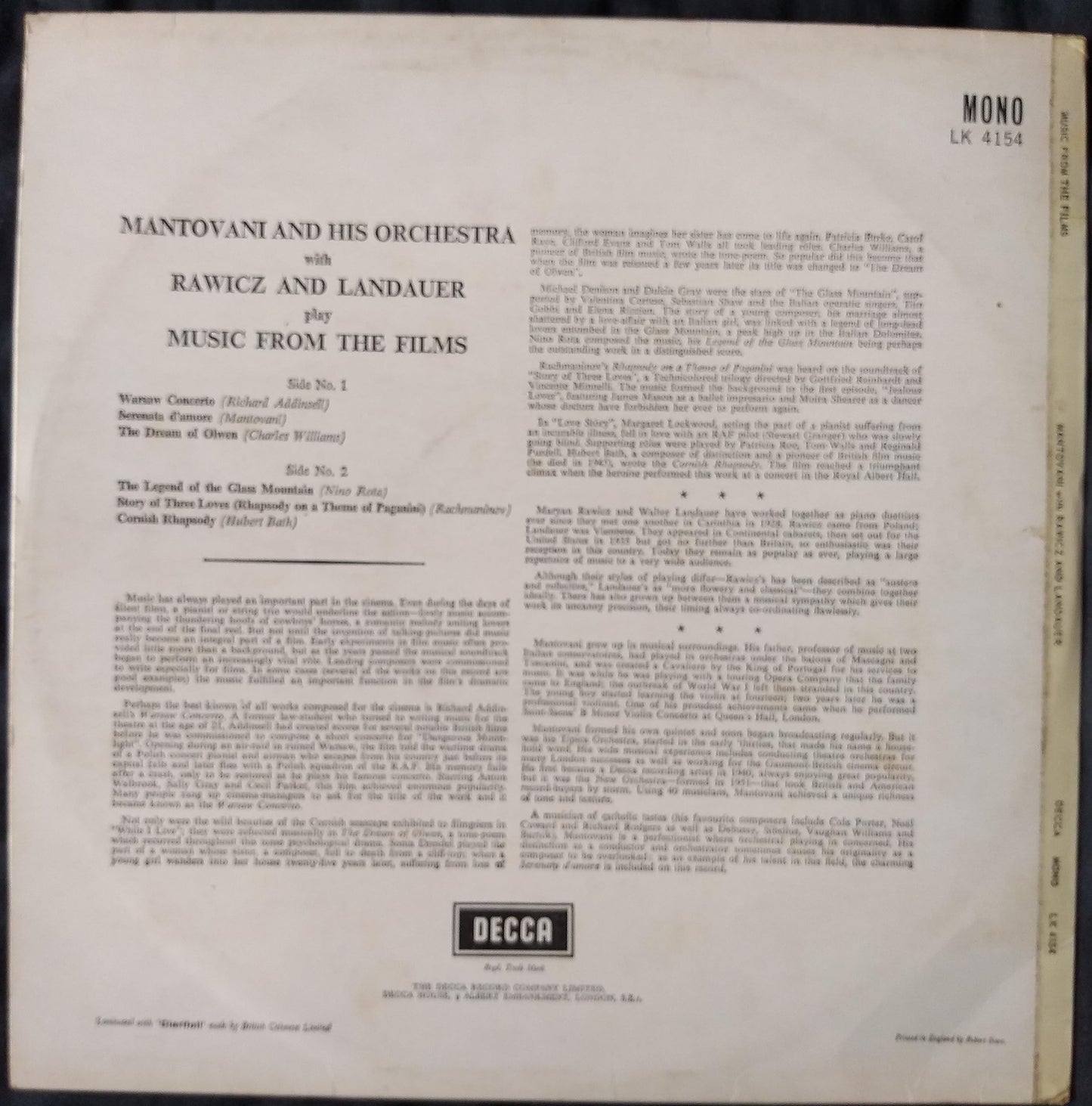Mantovani And His Orchestra With Rawicz And Landauer ‎– Play Music From The Films (Decca) 12" vinyl LP VG/VG mono