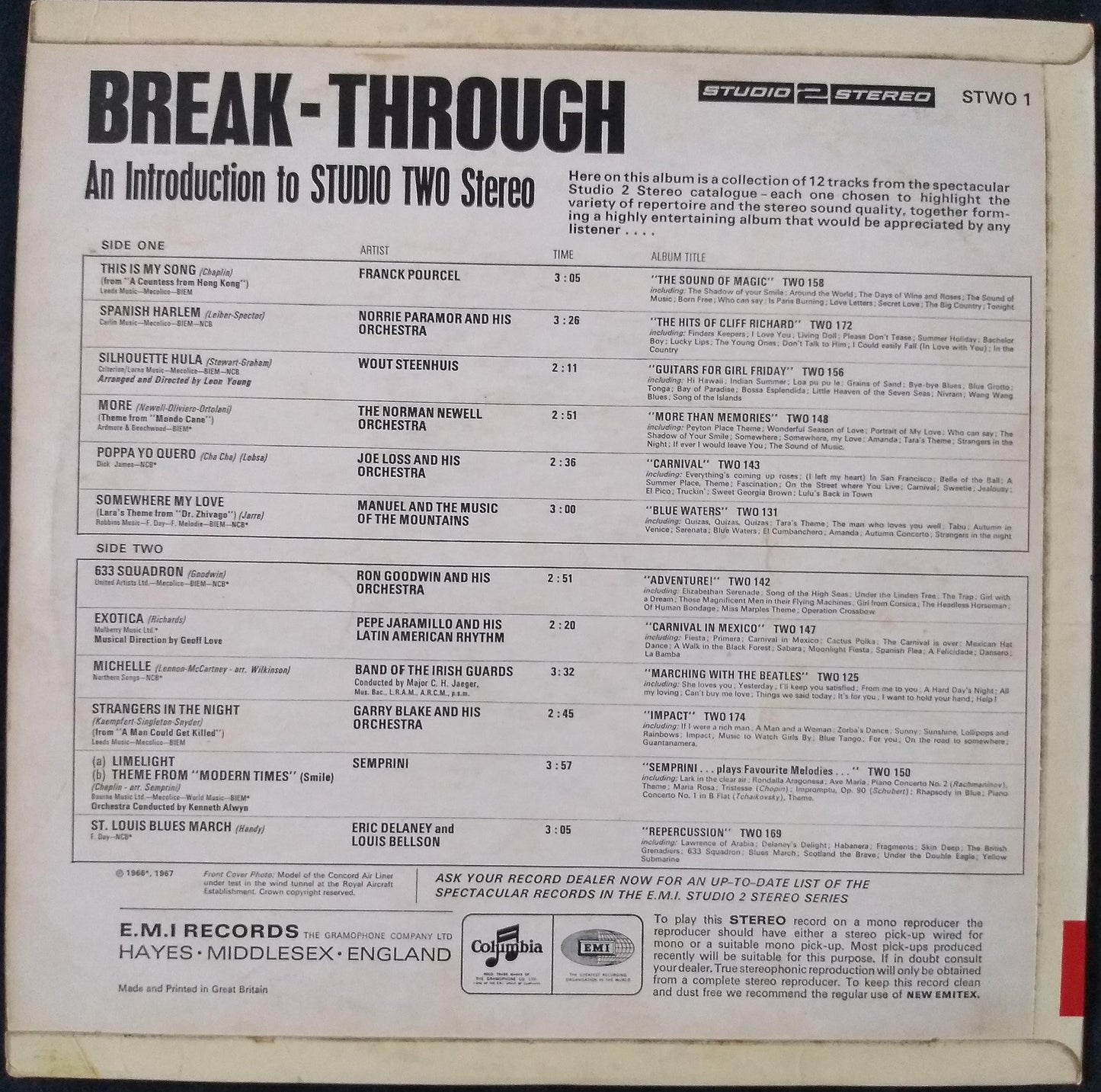 Various ‎– Break-Through - An Introduction To Studio Two Stereo (Columbia 1967) 12" vinyl LP VG/VG