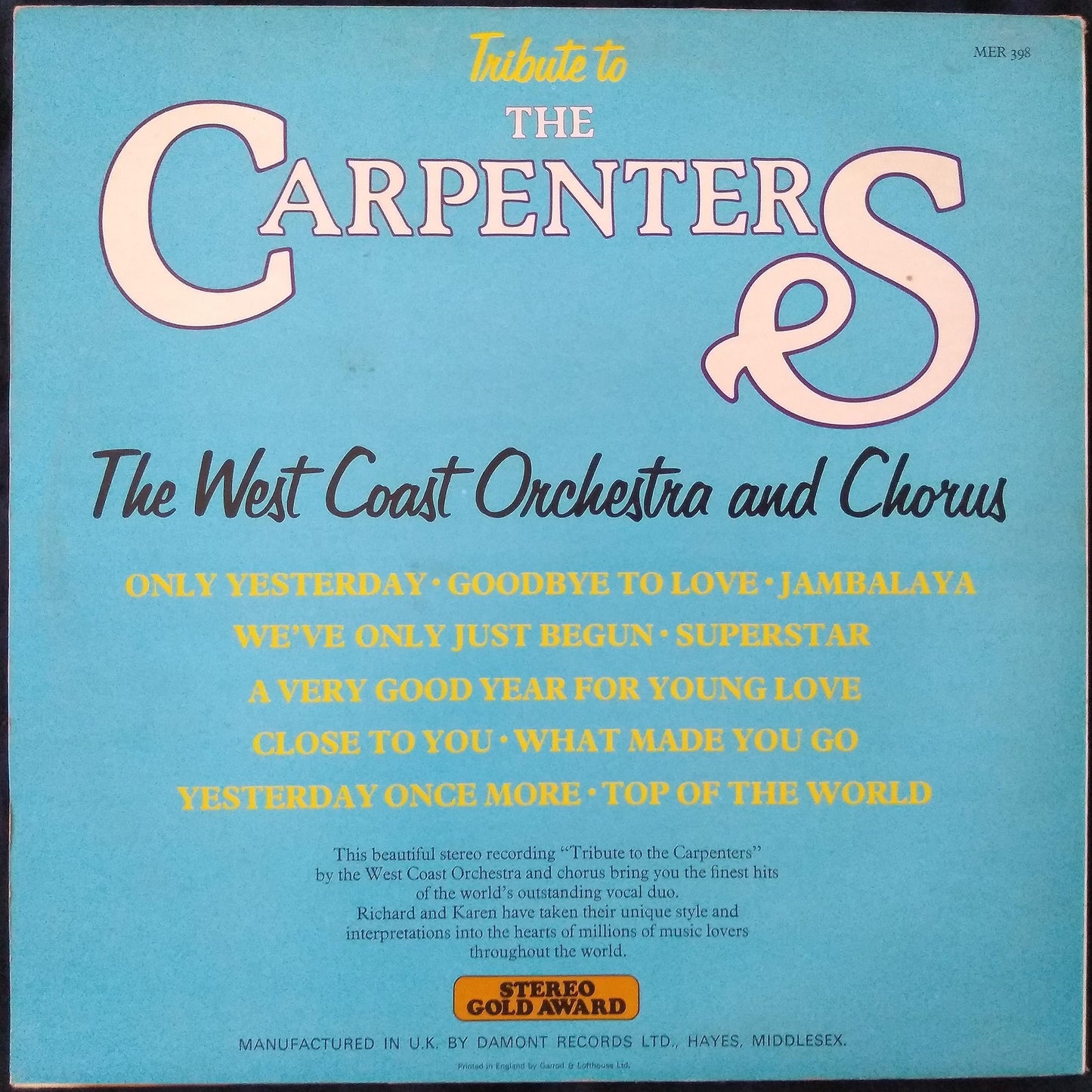The West Coast Orchestra And Chorus ‎– Tribute To The Carpenters (Stereo Gold 1975) 12" vinyl LP VG/VG