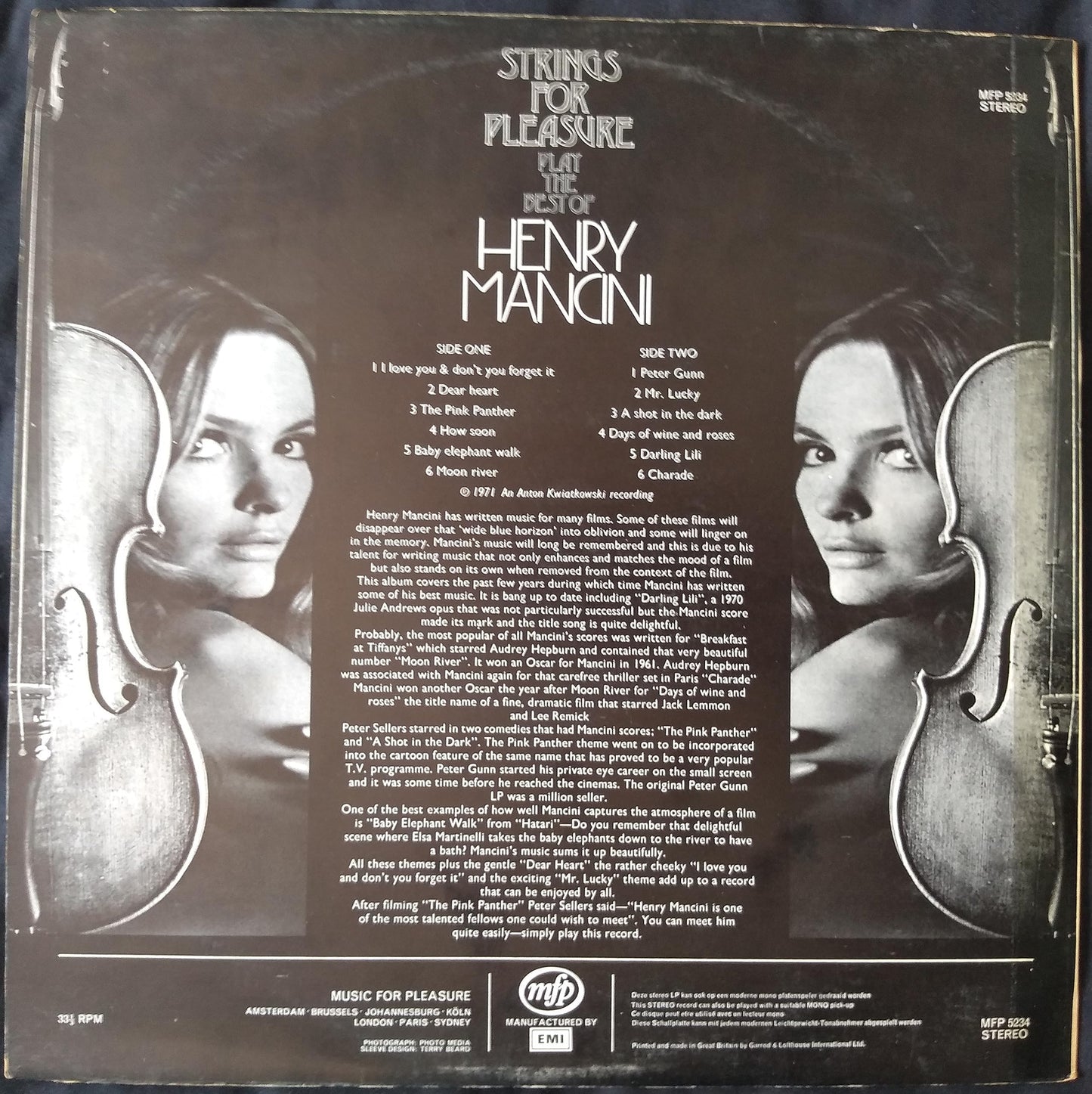 Strings For Pleasure ‎– Strings For Pleasure Play The Best Of Henry Mancini (MFP 1971) 12" vinyl LP VG/VG