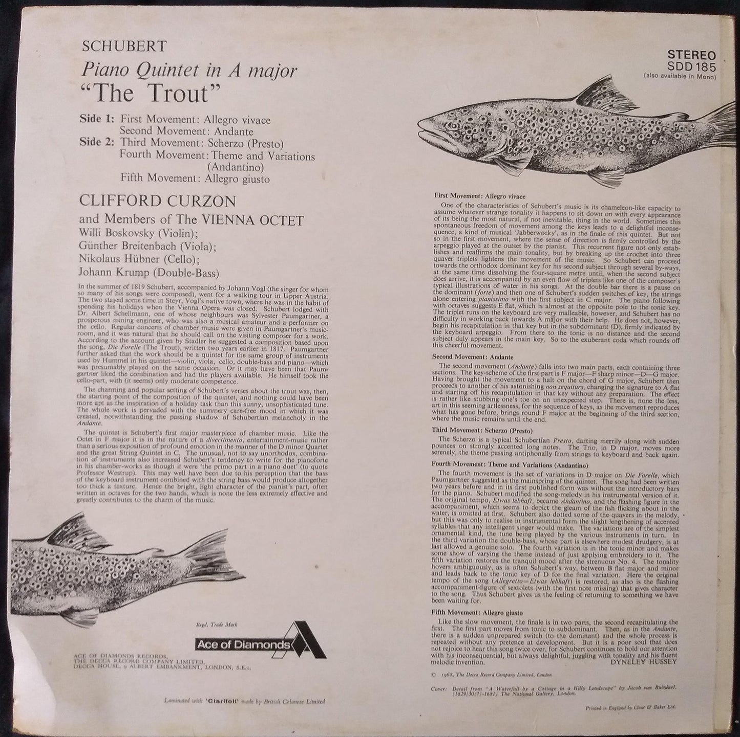 Franz Schubert, Clifford Curzon With The Vienna Octet ‎– The Trout Quintet (Ace Of Diamonds 1968) 12" vinyl LP VG/VG