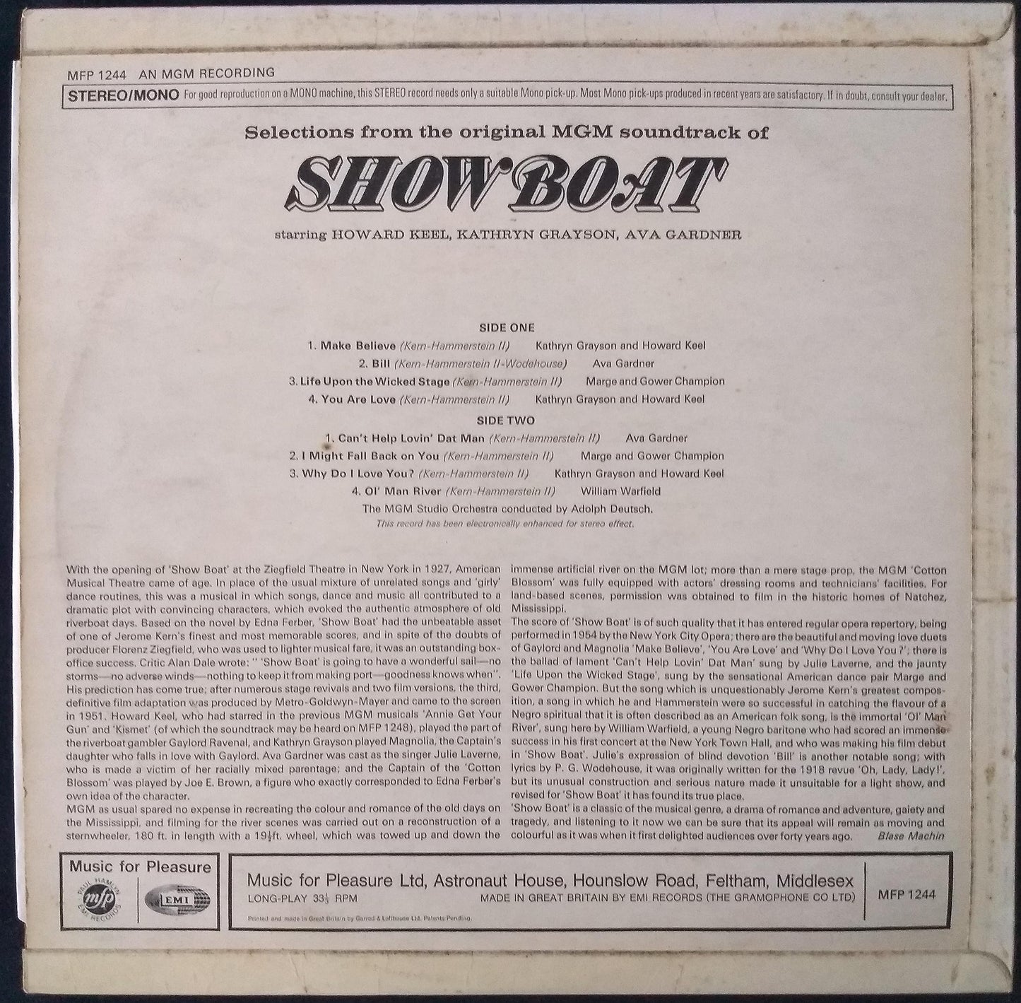 Howard Keel, Kathryn Grayson, Ava Gardner ‎– Selections From The Original MGM Soundtrack Of Showboat (MFP) 12" vinyl LP VG/VG