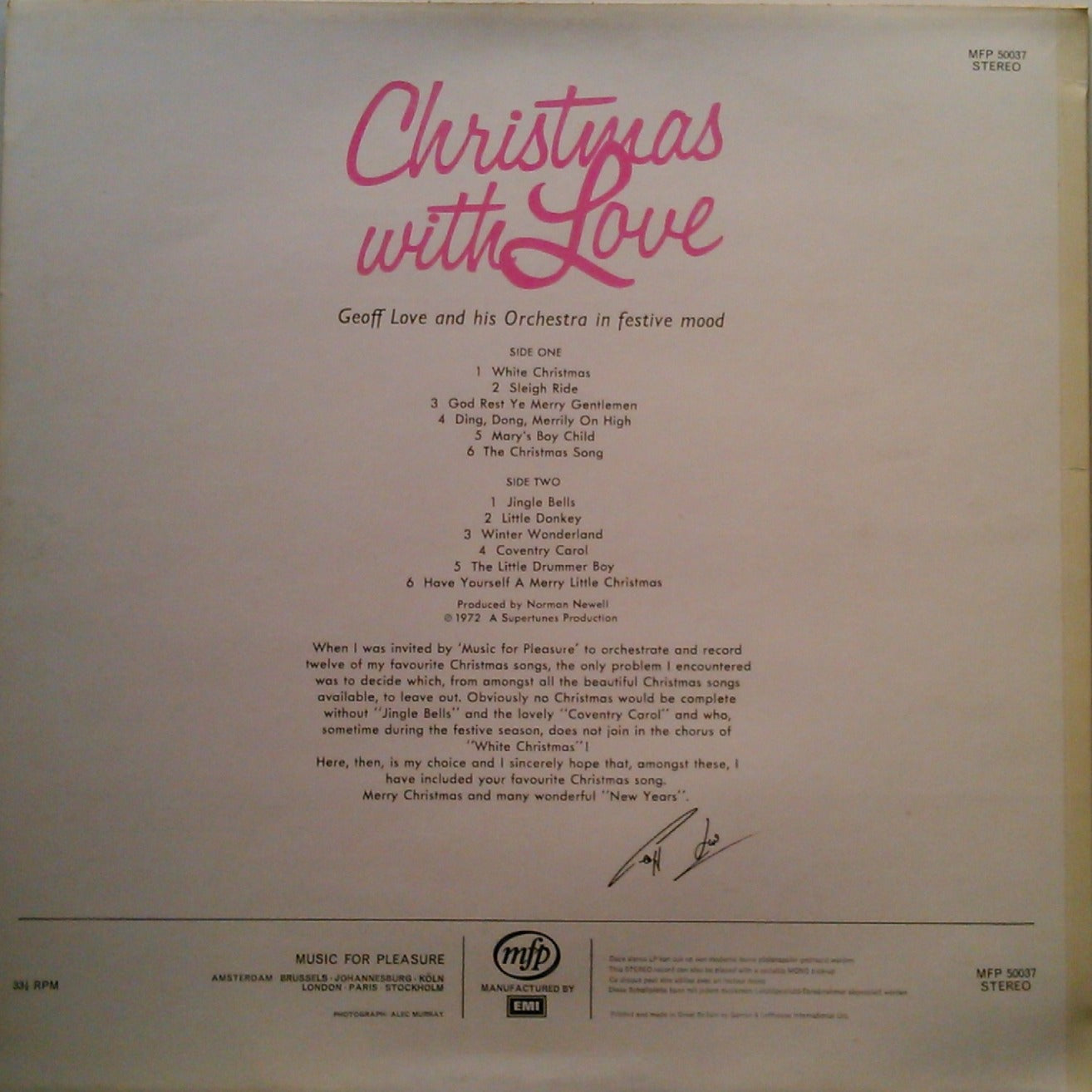 Back cover of a vinyl record titled 'Christmas with Love' by Geoff Love and his Orchestra.