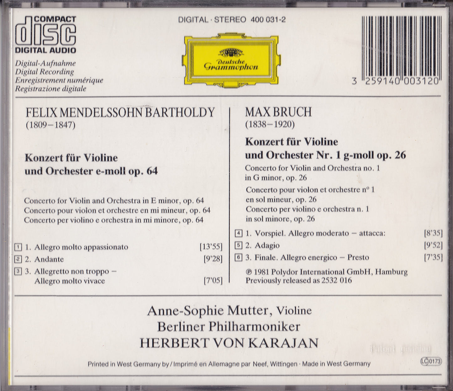 Mendelssohn, Bruch, Mutter - Violinkonzerte (1983) CD album