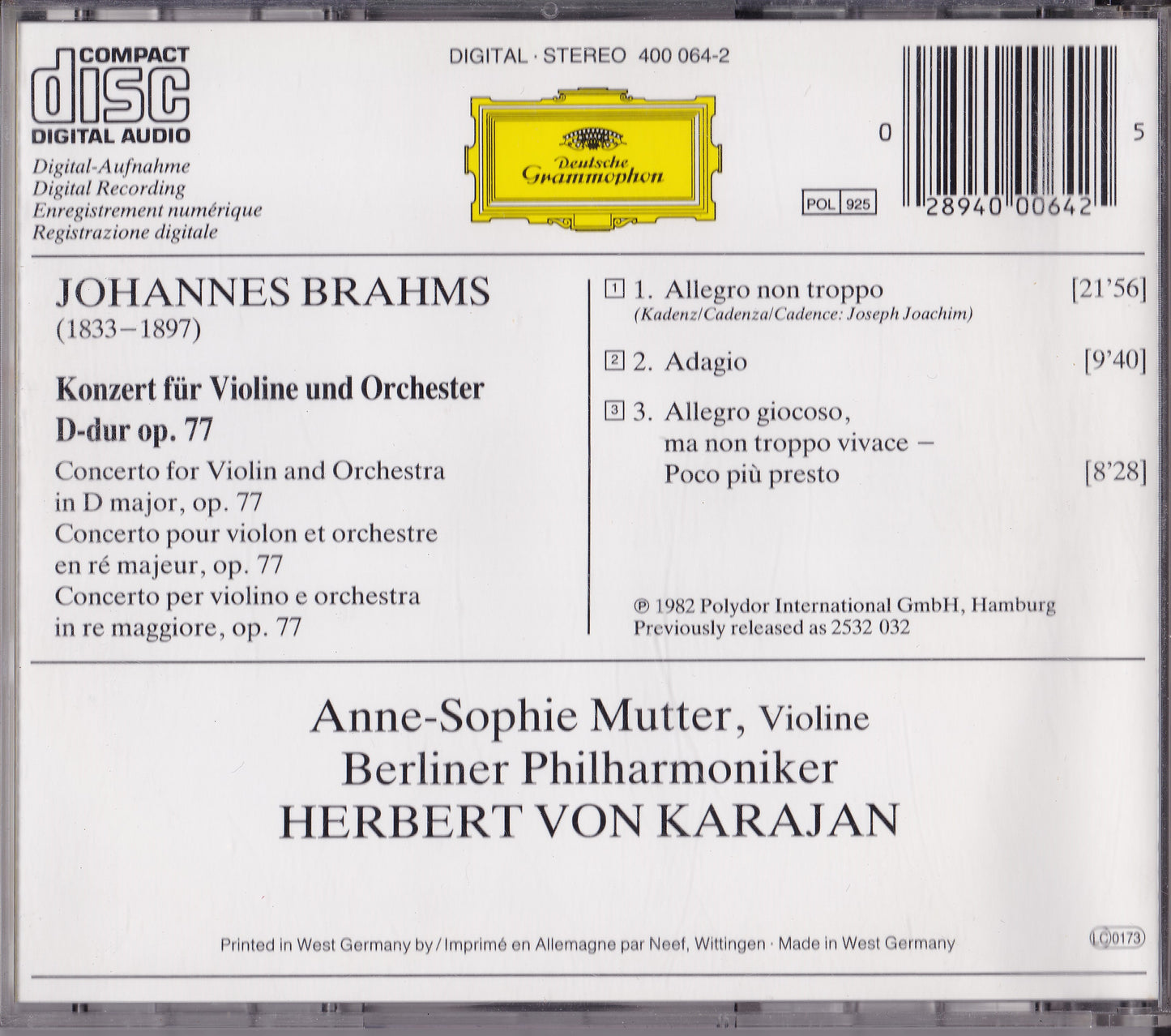 Brahms, Mutter - Violinkonzert ((1982) CD album