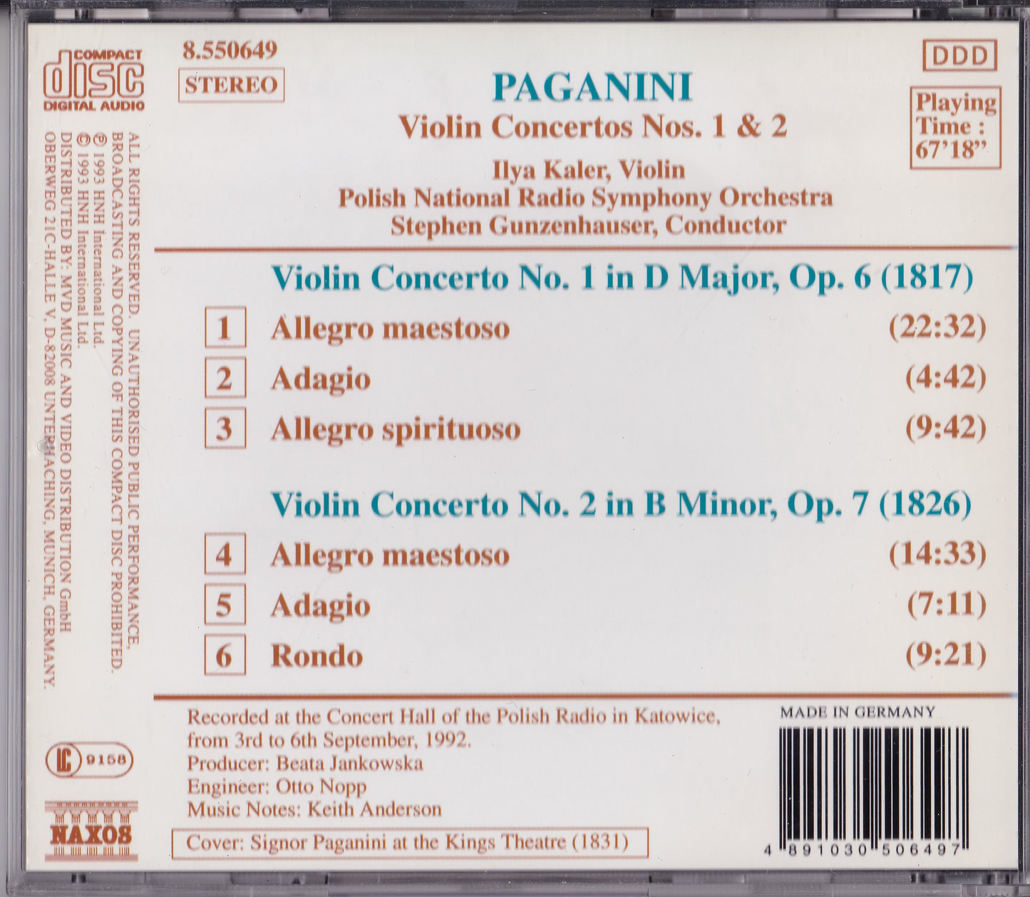 Paganini - Violin Concertos No 1, Op. 6 • No. 2, Op. 7 (1993) CD album