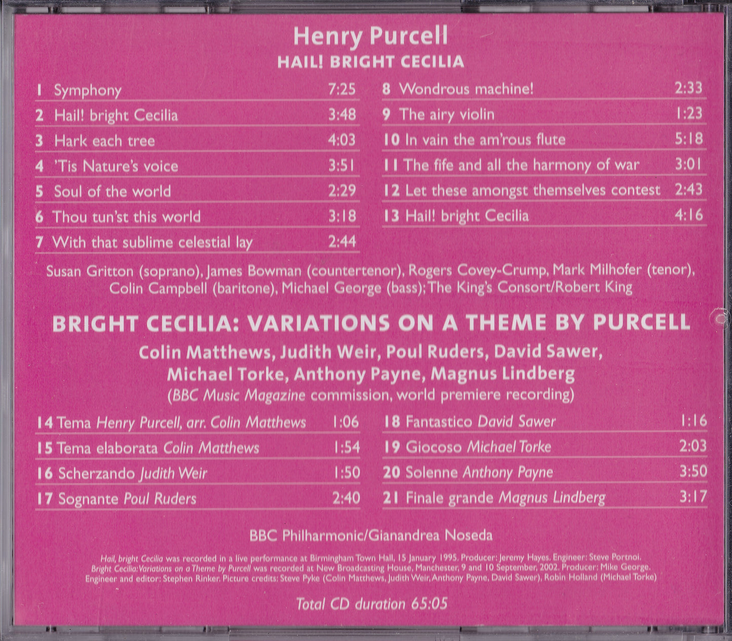 Purcell - Hail! Bright Cecilia (2002) CD album