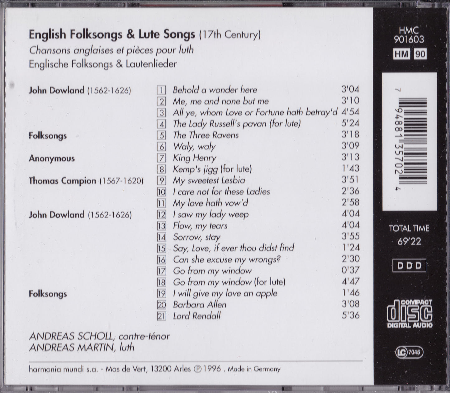 Andreas Scholl - English Folksongs & Lute Songs CD album