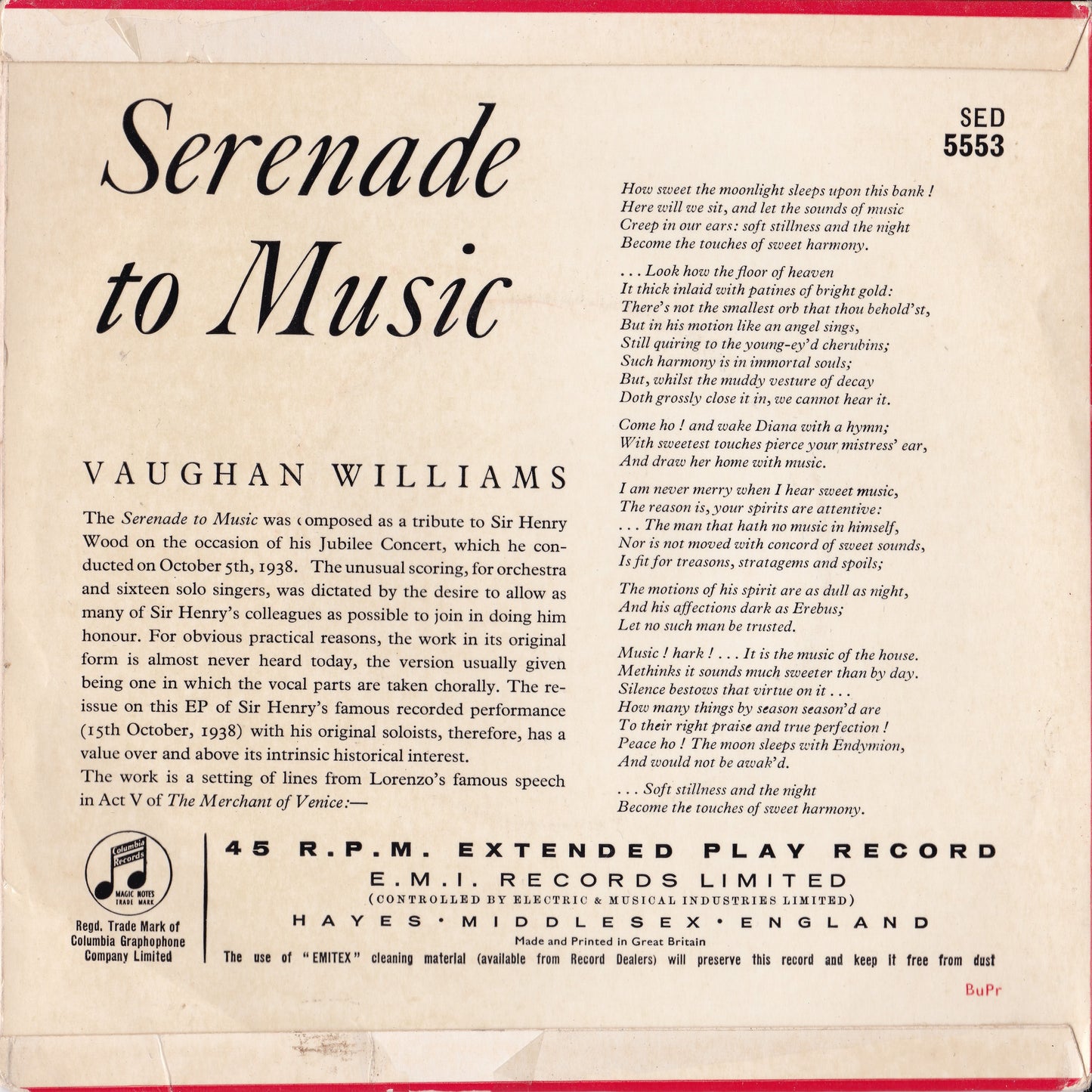 Vaughan Williams - Serenade To Music (Columbia) 7" vinyl EP VG/VG