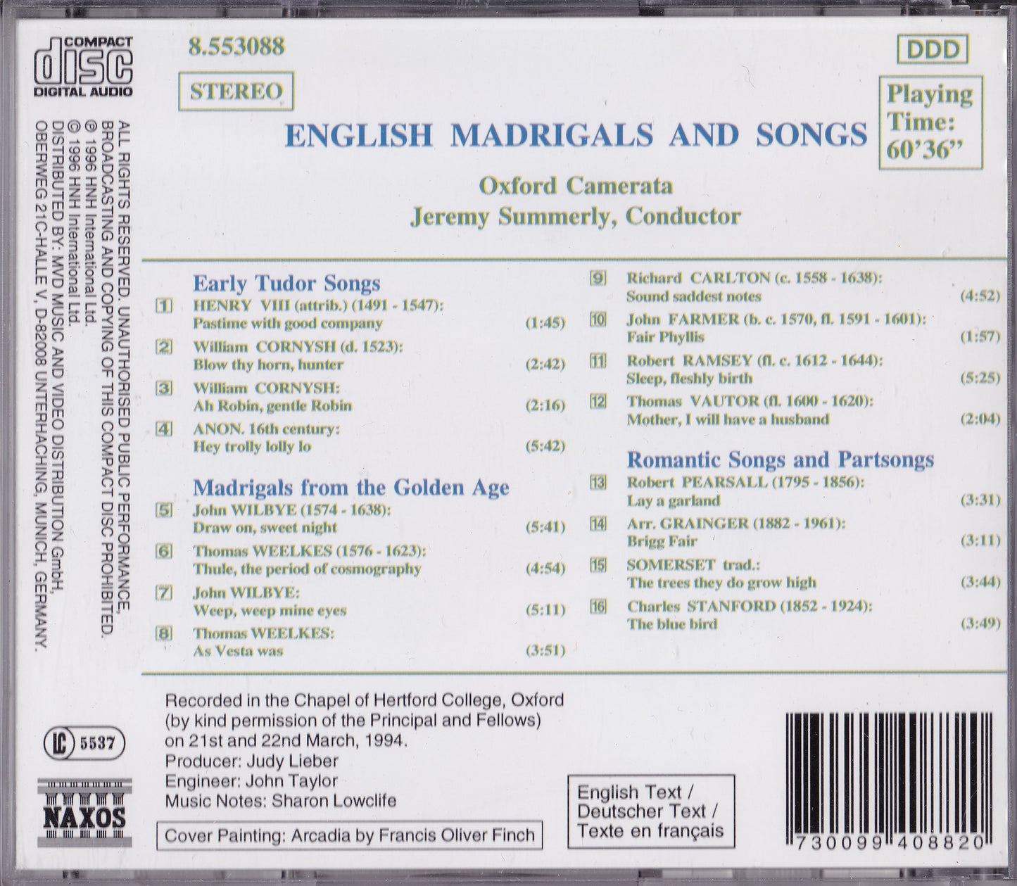 Oxford Camerata, Jeremy Summerly ‎– English Madrigals And Songs CD album